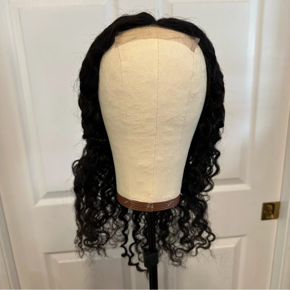 20” Natural Black Water Wave Human Hair 4x4 Lace Closure Wig 150% #QB3